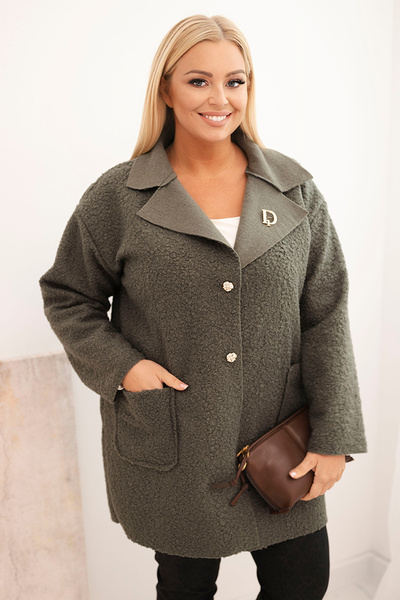 Moteriškas paltas Plus Size avikailis su vilna ir kišenėmis šviesiai khaki