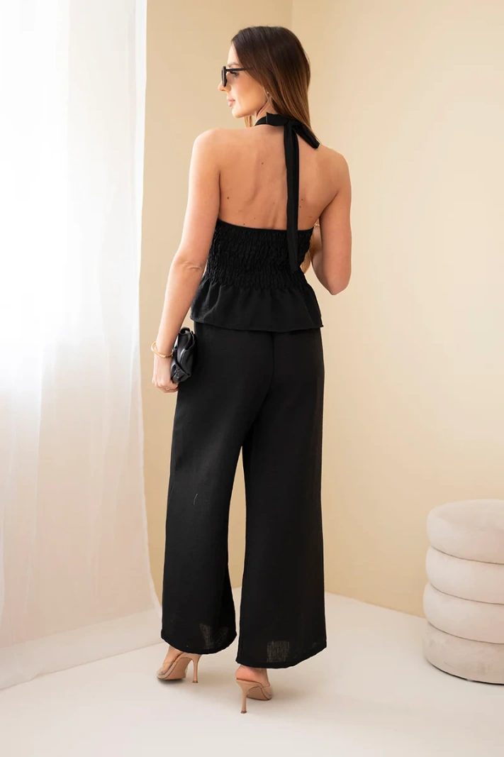 Damen-Set aus Viskose, gebundenes Top und Hose mit weitem Bein schwarz