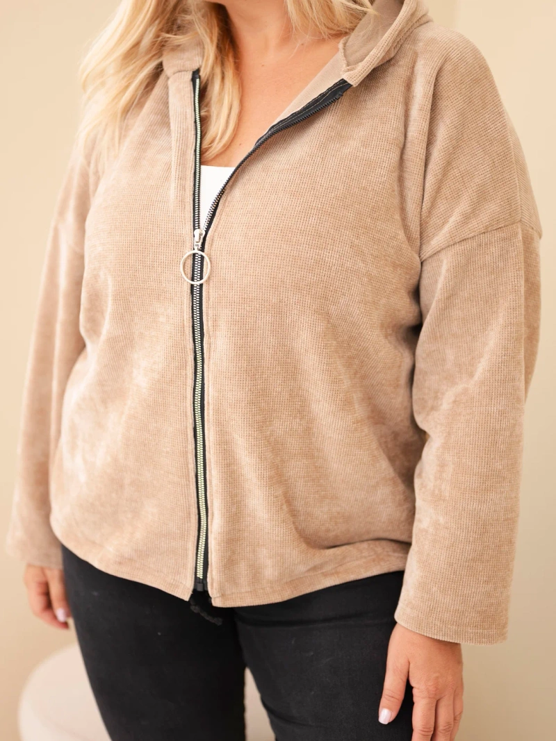 Dámská mikina Plus Size manšestrová s kapucí a zipem oversize camelová