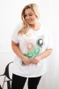 Bluzka damska bawełniana Plus Size z motywem piór biały + zielony