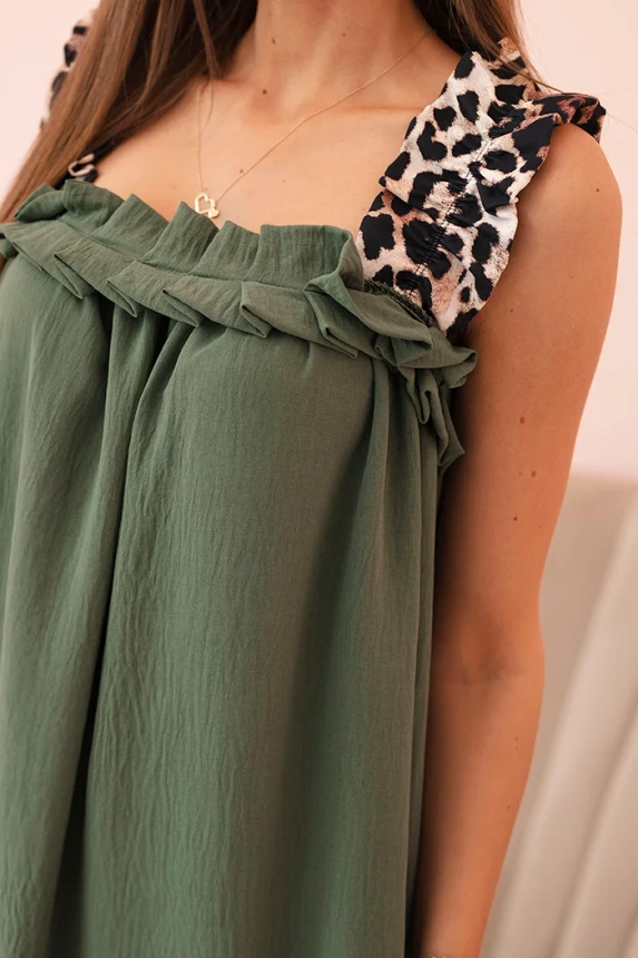 Women's dress with leopard print straps khaki