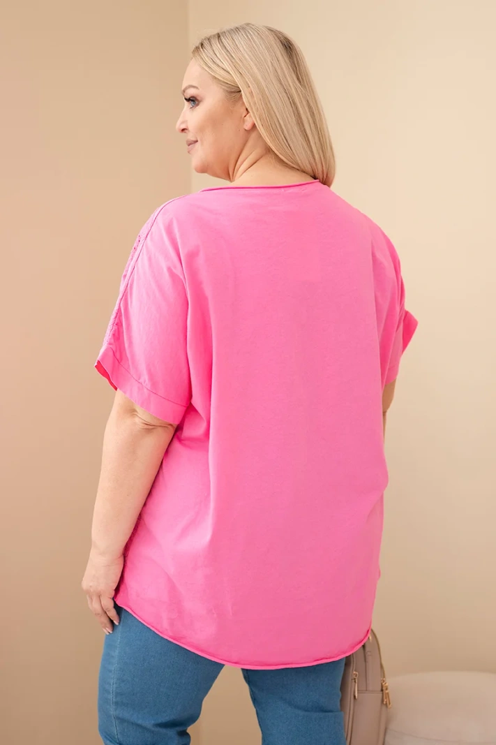Damen-Baumwollbluse Plus-Size mit bestickten Blumen rosa