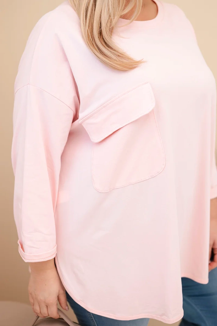 Moteriška bliuska Plus Size su medvilne, kišenė ir su pasukamomis rankovėmis rožinė pudra