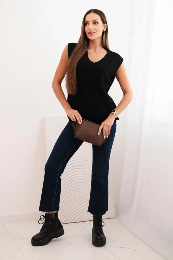 Women's sleeveless viscose sweater with pockets and V-neck black