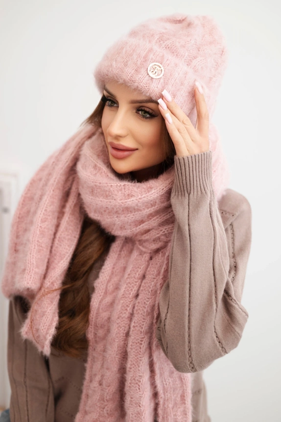 Women's set hat and scarf ribbed with decoration dark powder pink