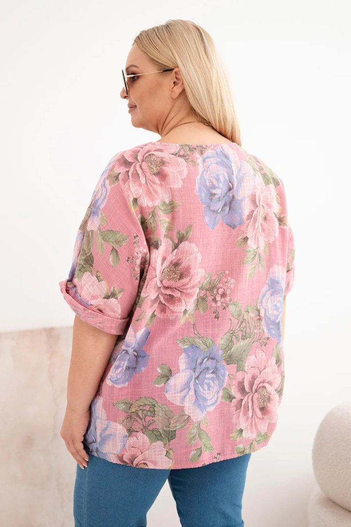Women's cotton plus-size blouse with short sleeves and floral print dark pink