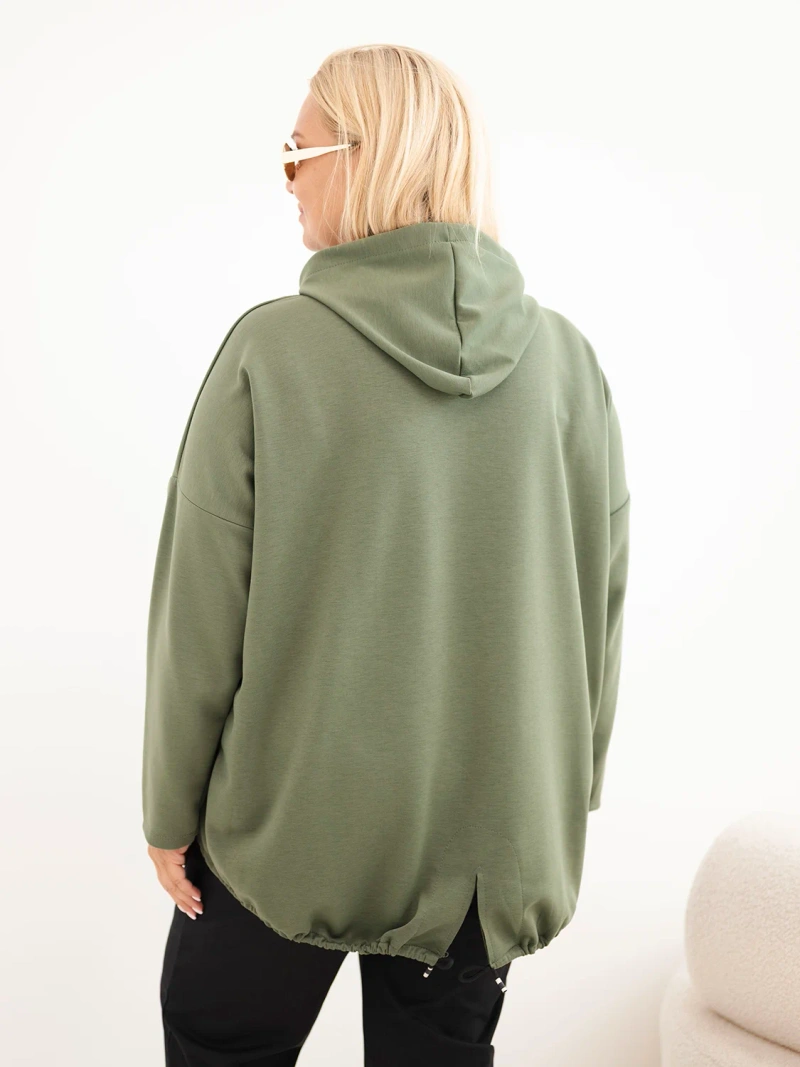 Dámská mikina Plus Size viskózová s kapucí a klokankovou kapsou khaki
