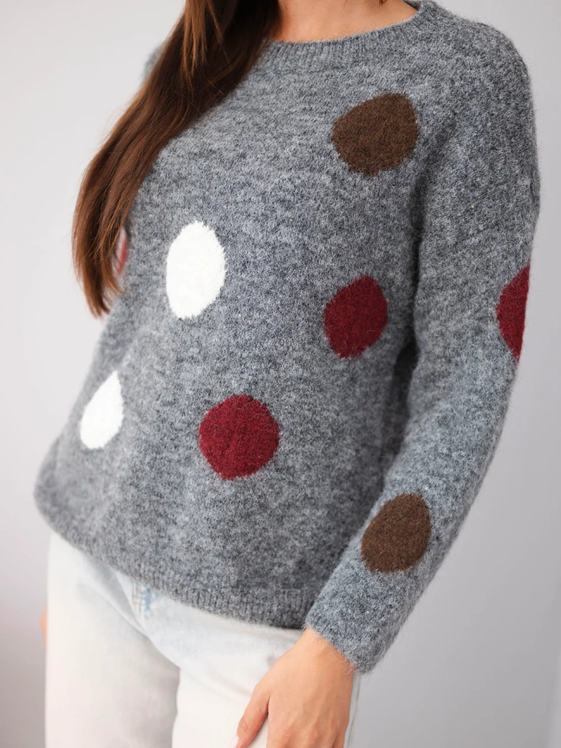 Women's sweater with colorful polka dots with a round neckline graphite