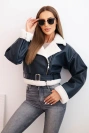 Women's pilot jacket made of faux leather, insulated with fur and a belt, navy blue