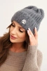Women's winter hat made of fluffy knit with an elegant button dark gray