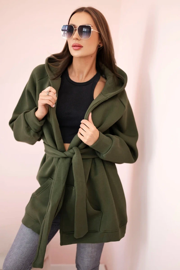 Wärmende Jacke mit Krawatte Taille khaki
