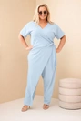Moteriškas medvilninis Plus Size kombinezonas su raišteliu ties juosmeniu mėlynas