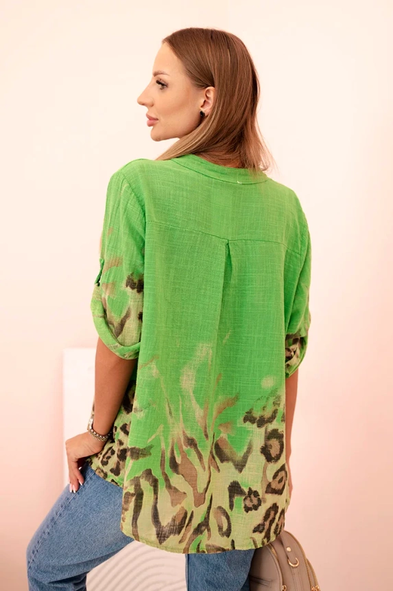 Women's cotton shirt with rolled-up sleeves and animal pattern green