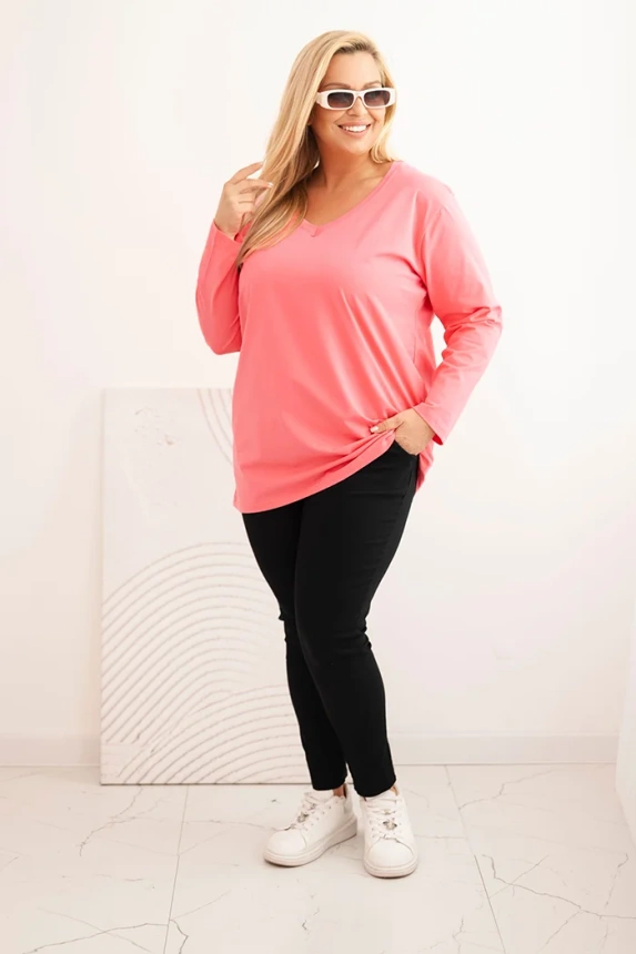 Moteriška Plus Size bluzonė su V formos iškirpte ir ilgomis rankovėmis rožinė