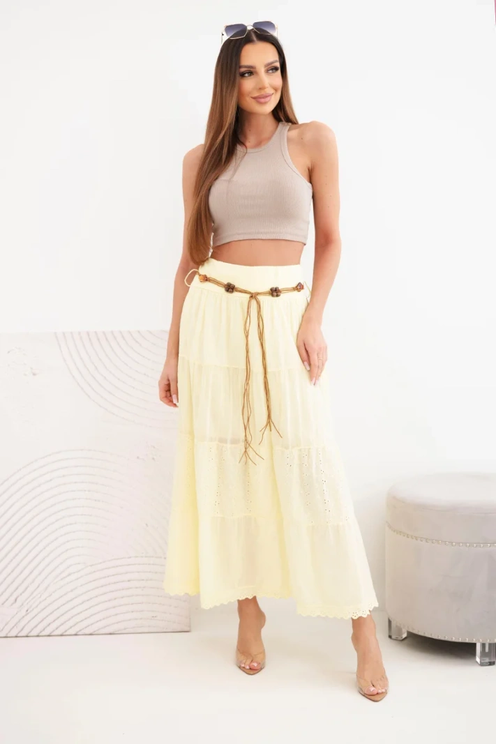 Dámská maxi bavlněná sukně s ažurovou výšivkou a elastickým pásem žlutá