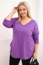 Women's Plus Size cotton blouse with a V-neck and rolled sleeves purple