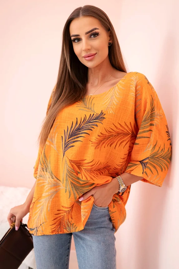 Damenbluse aus Baumwolle mit Blättern und hochgekrempelten Ärmeln Orange