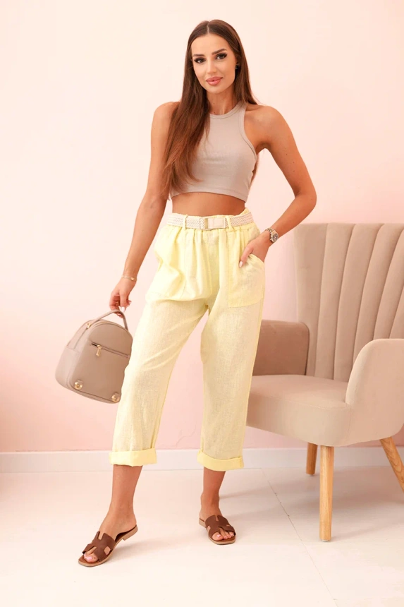 Damen Leinen-Baumwollhose mit Gürtel gelb