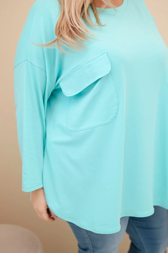 Dámská blůza Plus Size s bavlnou, kapsou a ohrnutým rukávem mátová