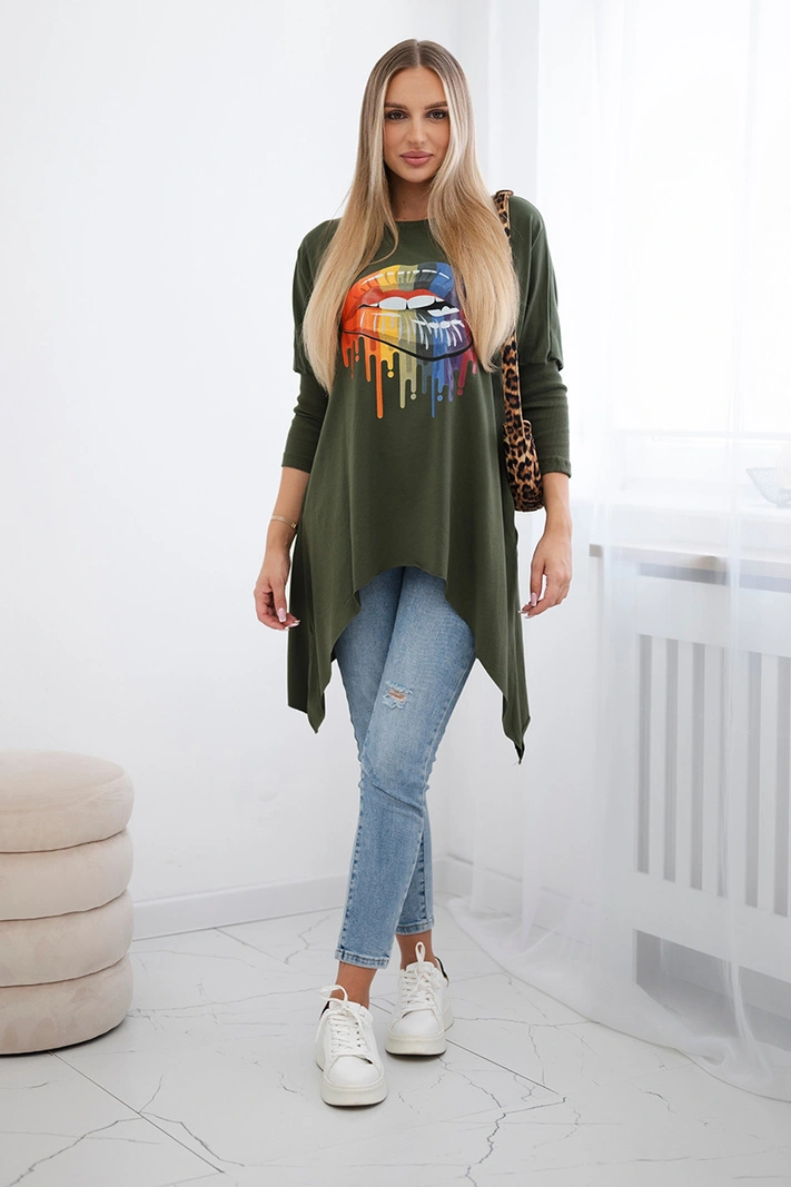 Blúzka oversize s potlačou dúhových pier khaki