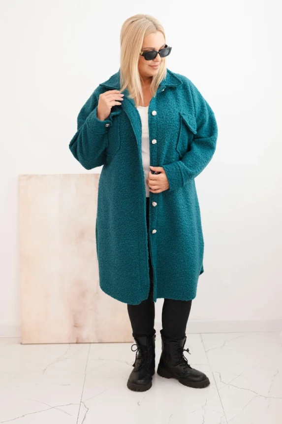 Dámsky kabát Plus Size s vlnou na gombíky s vreckami a golierom morský