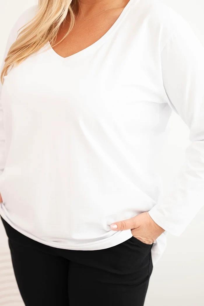 Dámska blúzka Plus Size s výstrihom do V a dlhým rukávom biela