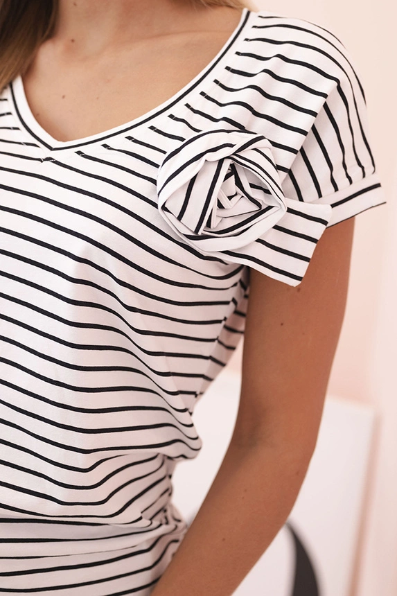 Women's cotton striped blouse with V-neck black