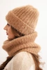 Women's set hat and winter fluffy scarf with decorative emblem camel