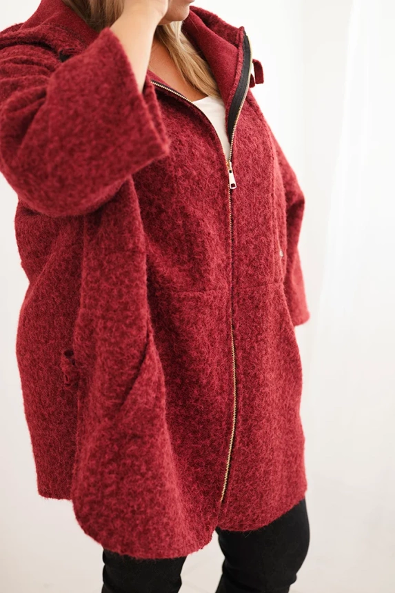 Dámsky plášť Plus Size s kapucňou a zipsom bordový