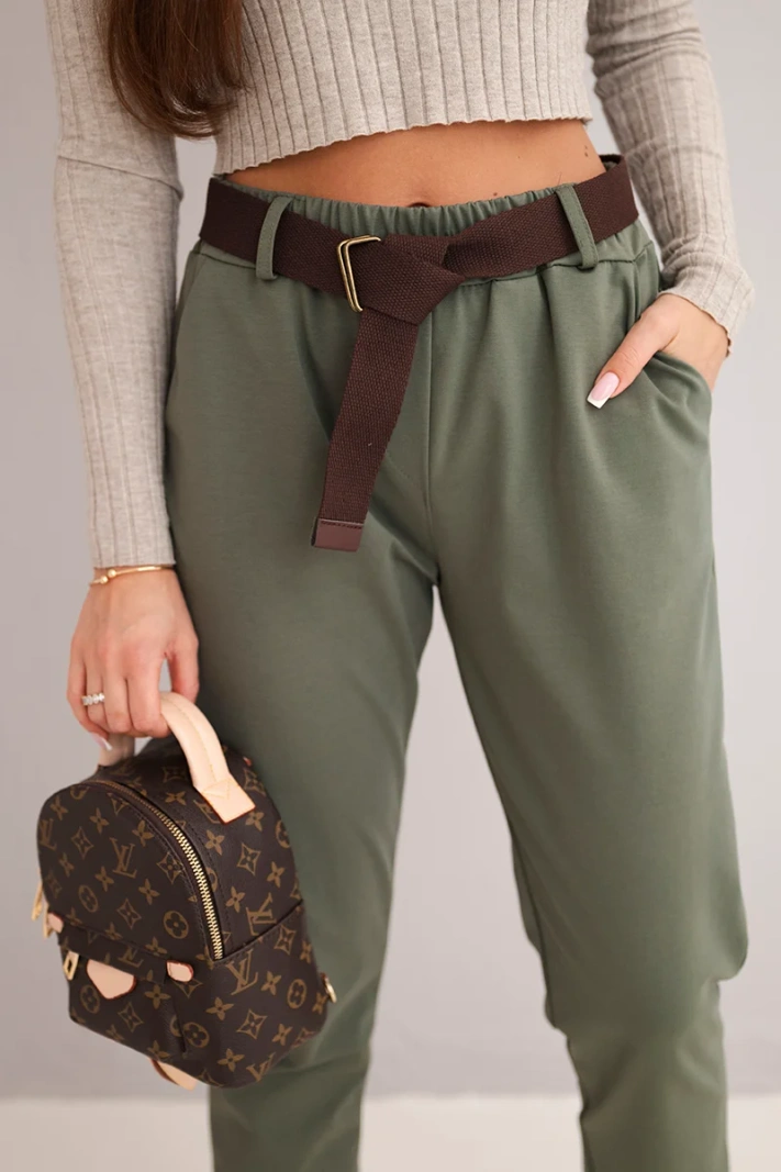 Damen Baumwollhose mit Gürtel und umgeschlagenem Bein khaki