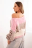 Sweter damski w pasy z warkoczami na rękawach z wełny różowy + fango