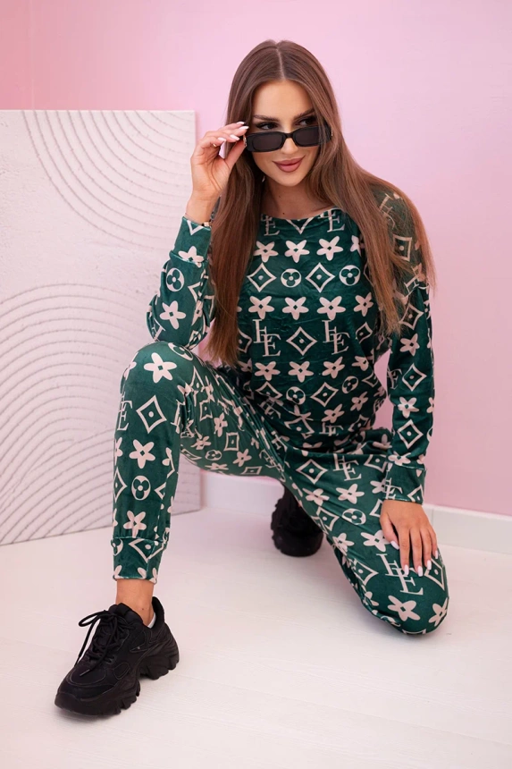 Komplet damski z weluru w monogram zielony + beżowy