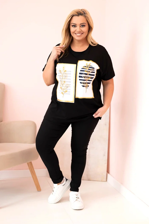 Dámská bavlněná halenka Plus Size s kamínky černá + tmavě modrá