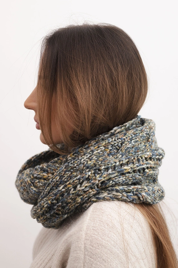 Dámský vlněný melírovaný silný zimní šál KN24 jeansový+khaki