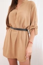 Dress with a longer back and a belt light camel