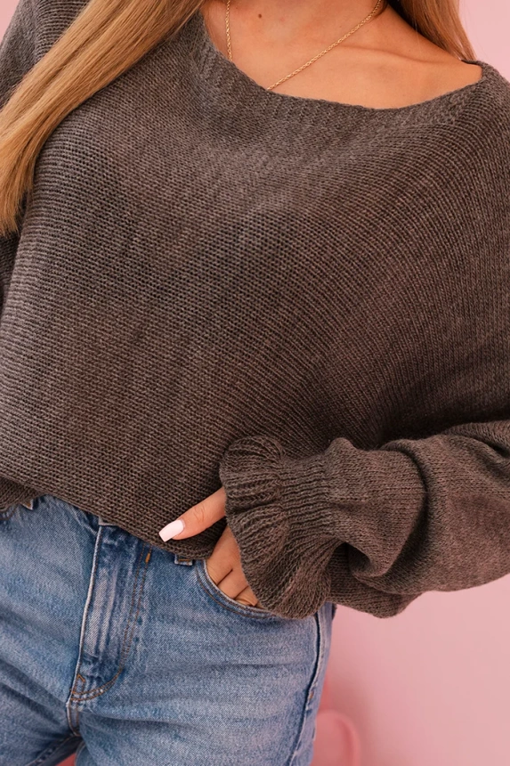 Damenpullover aus Mohair mit gerafften Ärmeln und Rückenschlitz grau