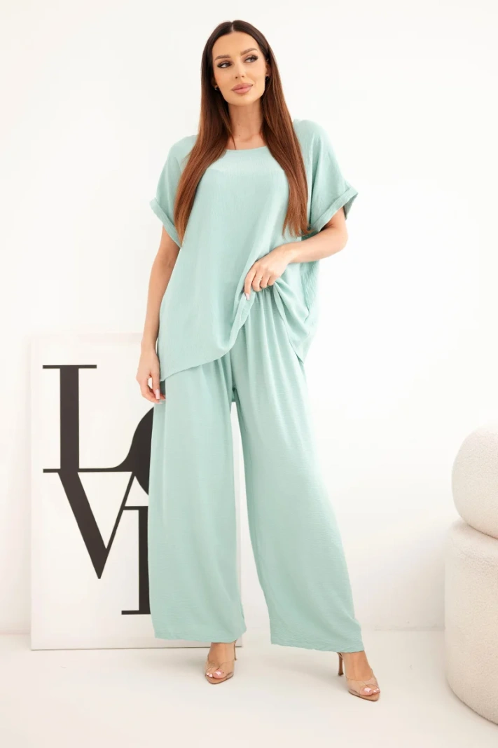 Komplet damski Plus Size bluzka i spodnie z szeroką nogawką ciemny miętowy