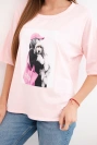 Women's oversized cotton top with short sleeves and a trendy print powder pink