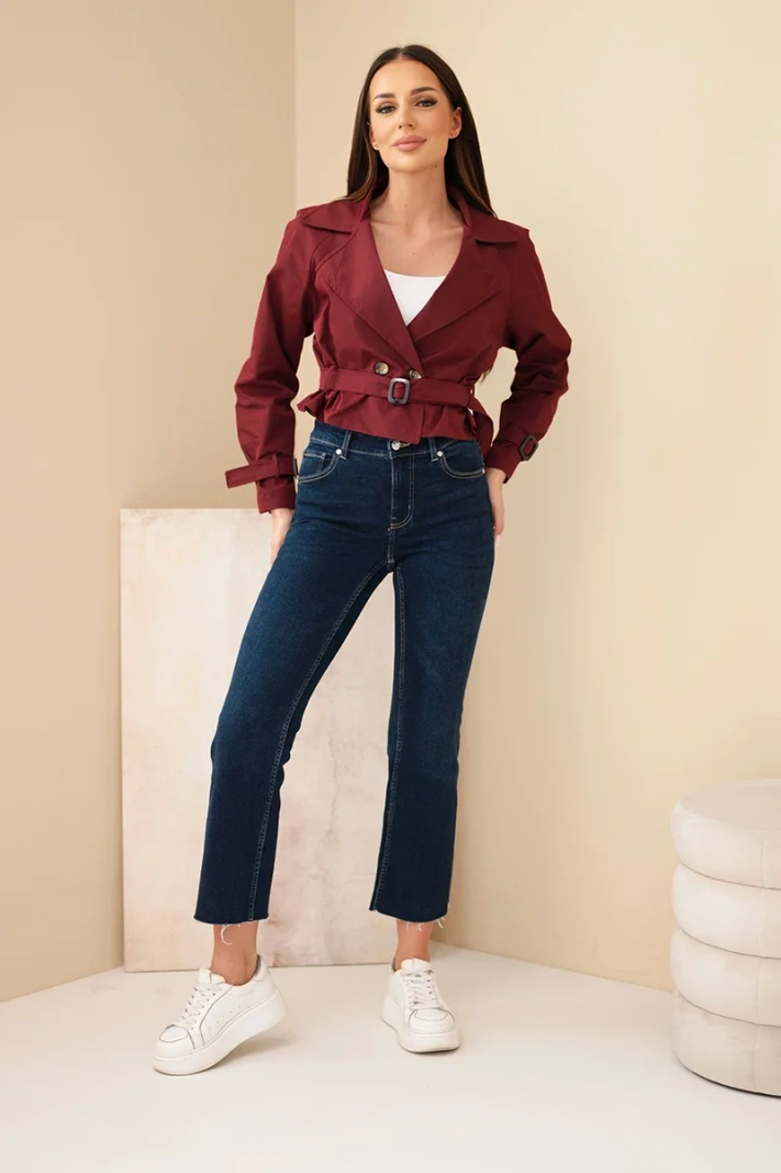 Women's short double-breasted viscose jacket with belt and lapels burgundy