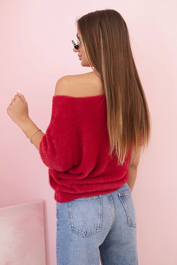 Women's sweater made of soft fluff with a V-neck and short sleeves burgundy