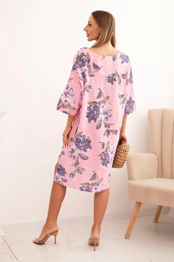 Damen Baumwollkleid mit Blumenmuster und 3/4-Ärmeln hellrosa