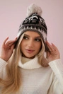 Rosa Damenmütze mit Bommel K368 schwarz+mocca+beige