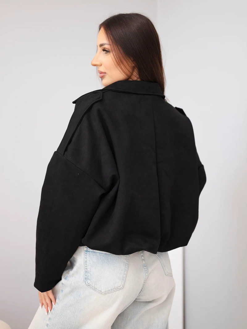 Damen Wildlederjacke mit Kragen und langen Ärmeln schwarz