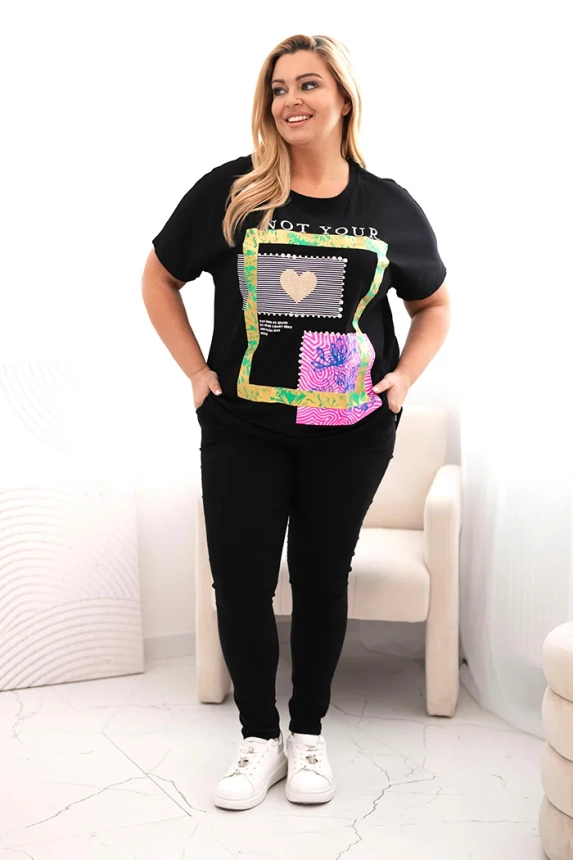 Women's cotton Plus Size blouse with gold print black + green