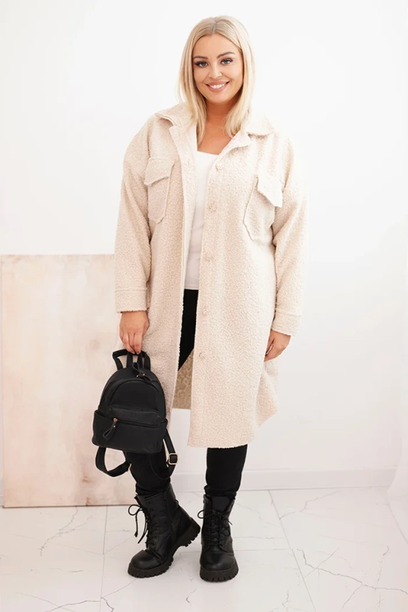 Women's Plus Size wool coat with buttons, pockets, and collar light beige