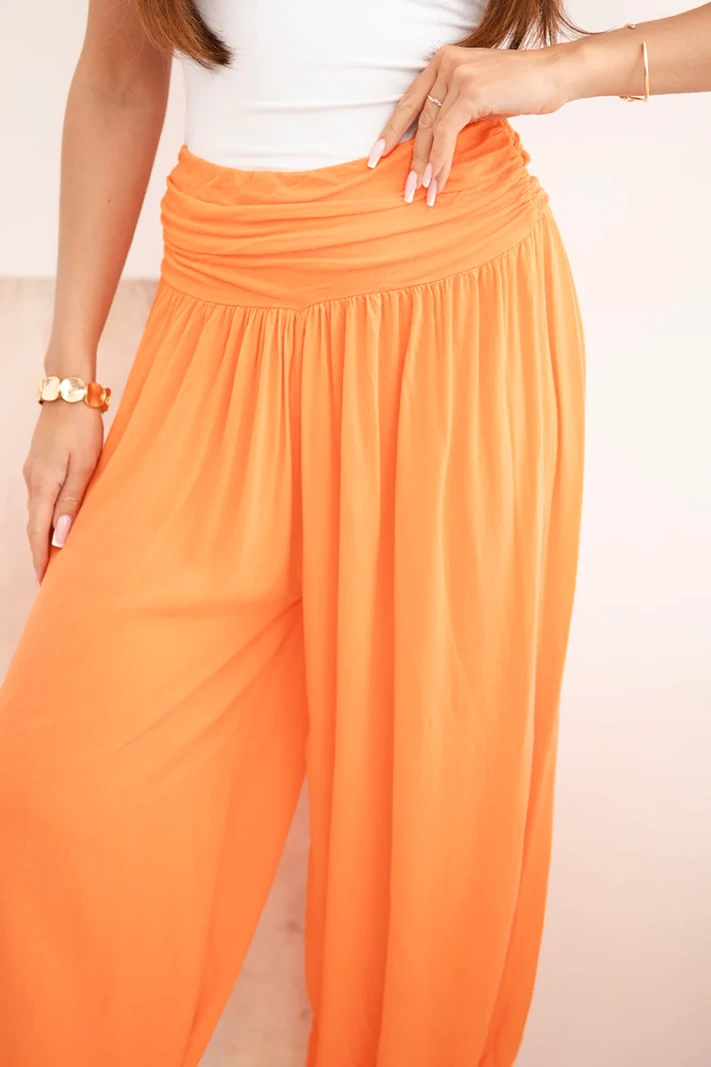 Women's viscose wide-leg trousers with ruching orange