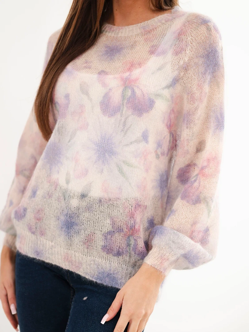 Women's sweater made of 70% kid mohair with flowers with long sleeve purple