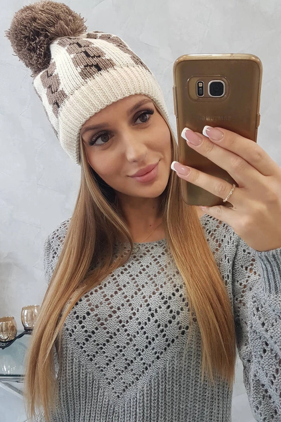 Czapka damska z pomponem Rozalia K323 mocca+ecru