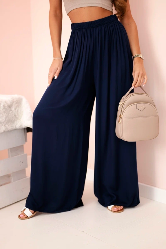 Women's wide viscose trousers with elastic waistband navy blue