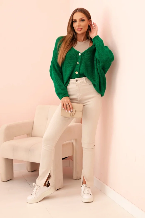 Women's sweater with a V-neck and buttons green